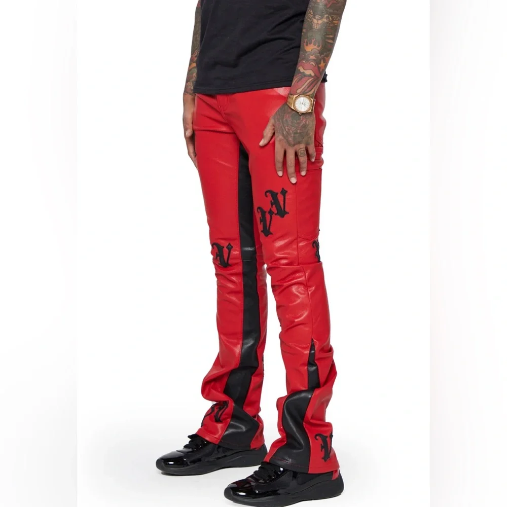 NWT MEN’S VALABASAS STACKED "ALI" RED BLACK LEATHER PANTS SIZE 30 - Picture 5 of 13